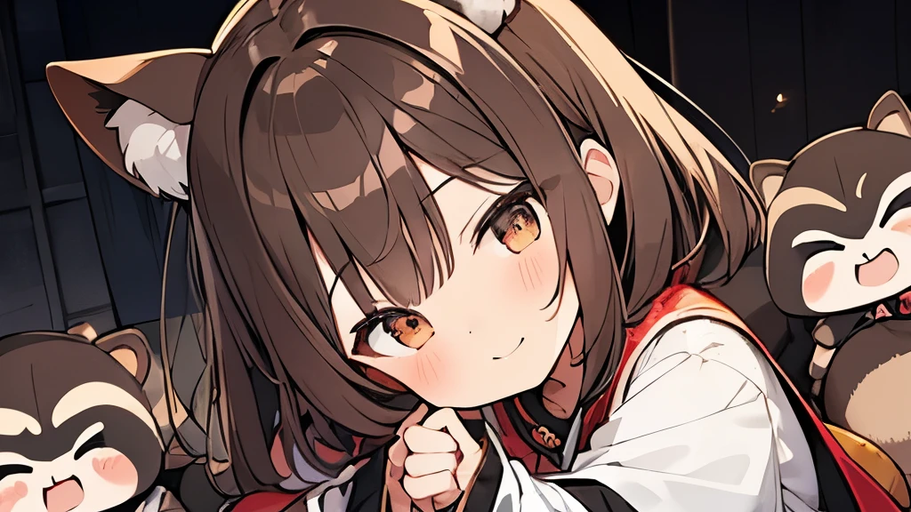 one girls。Cute s。Brown hair, brown raccoon ears。brown short cut, A slight smil。see the beholder。Japan priestess costume。claw pose,sleepy,