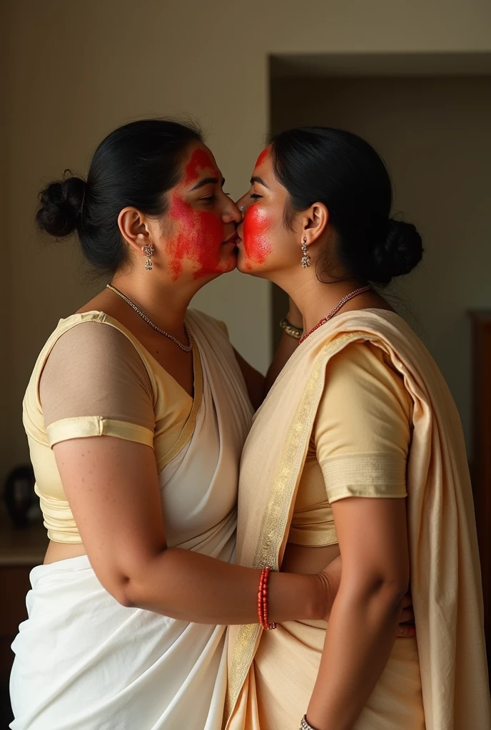 a  50-year-old woman  affectionately hugging and kissing aradiant, full-figured South Indian plus-sized 30 year old teacher wearing a off white silky saree in  dressing room, (cum Splash on her face and blouse, cum Splash on her face, cum Splash)captured in a full-body image with vibrant hues and meticulous details. Full body image boobs