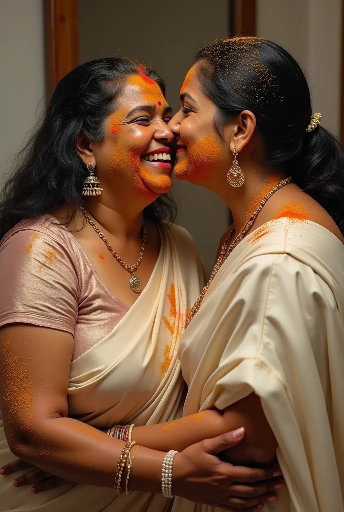 a 50-year-old woman affectionately hugging and kissing aradiant, full-figured South Indian plus-sized 30 year old teacher wearing a off white silky saree in dressing room, (cum Splash on her face and blouse, cum Splash on her face, cum Splash)captured in a full-body image with vibrant hues and meticulous details. Full body image boobs