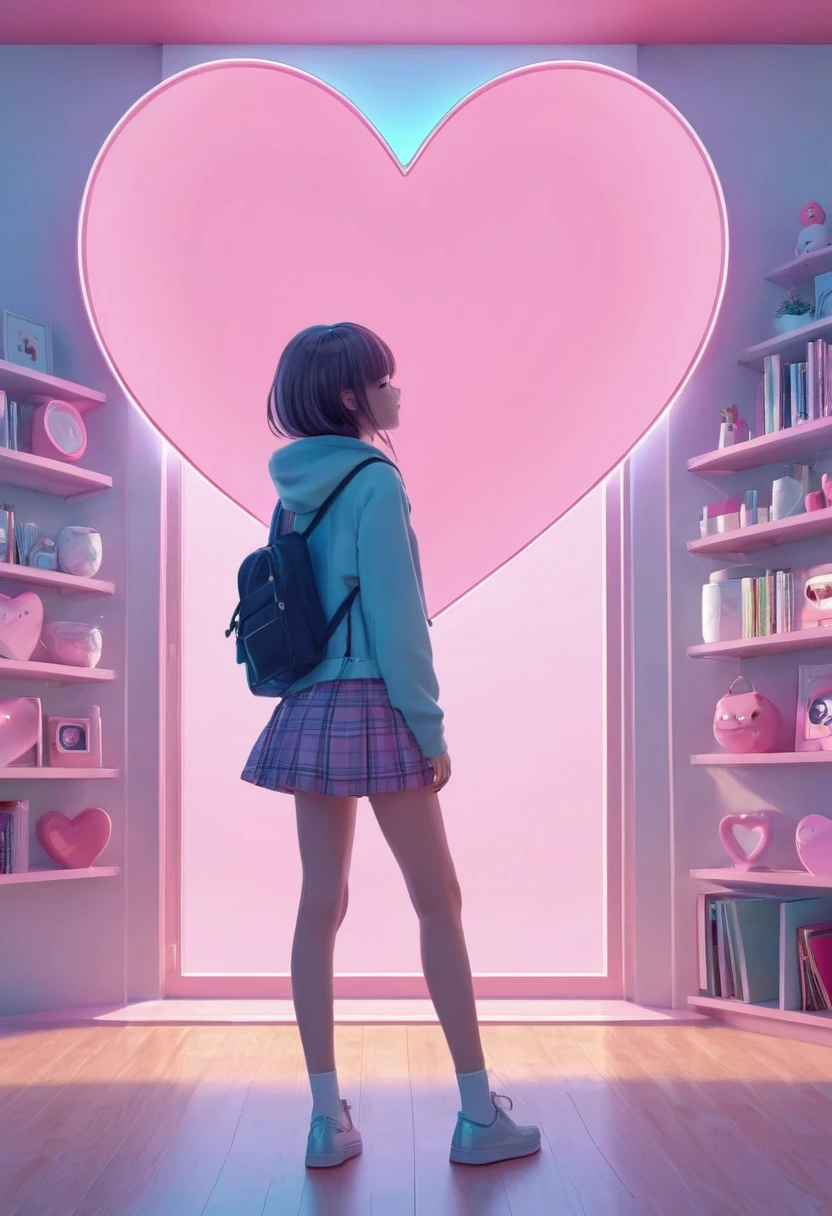 kawaii teen gazing shyly at me, pink heart-shaped cropped image, cute pastel effects, conceptual installation art, (ultra detailed, absolutely resolution, best quality:1.3), 2.5D, graphic CG digital art