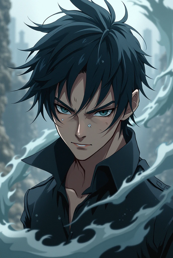Create an image of a cold and calculating character with black hair and anime-style mist powers with several battle marks on his face.
