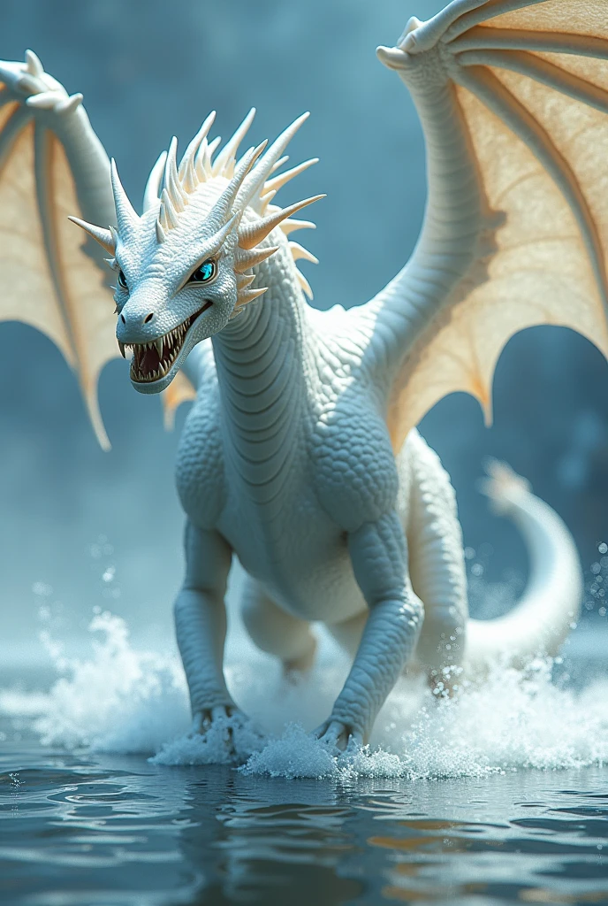 Full view of a beautiful 4 legged white dragon with large wings and gentle electric blue eyes walking in shallow water, fierce features, sharp teeth, long tail, spikes along head with water-like qualities.