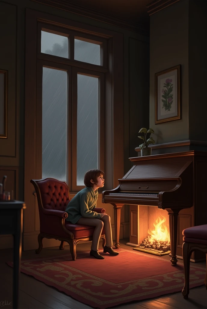 A cozy room with a piano and fireplace, where is a window that can see the rain outside. A brown-haired girl is sitting near the fireplace..