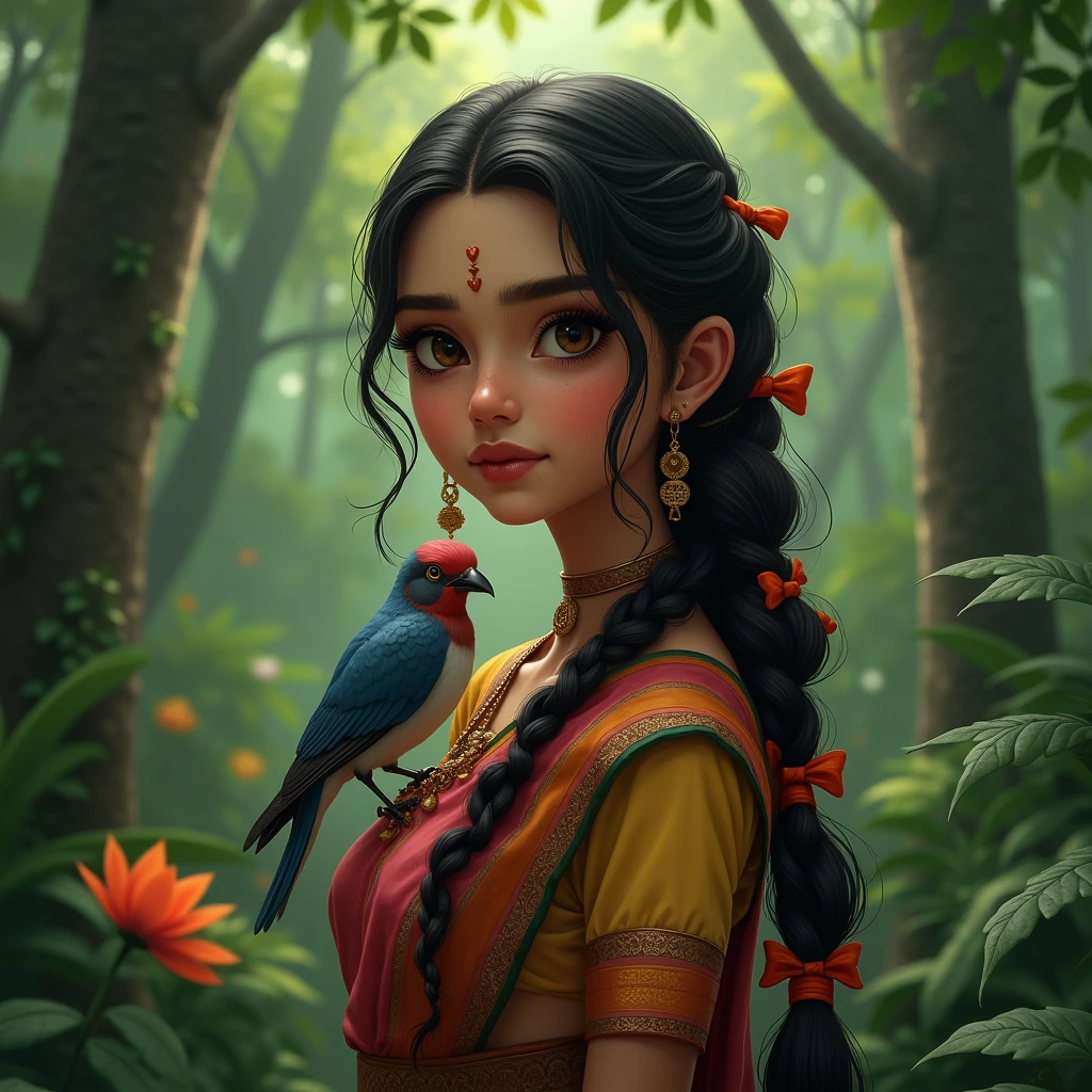 A girl with a square face, a spot on the right side of her nose, and a long saree in her hair, in a forest background, should have birds in the background, should have a bird on her left shoulder. 8k