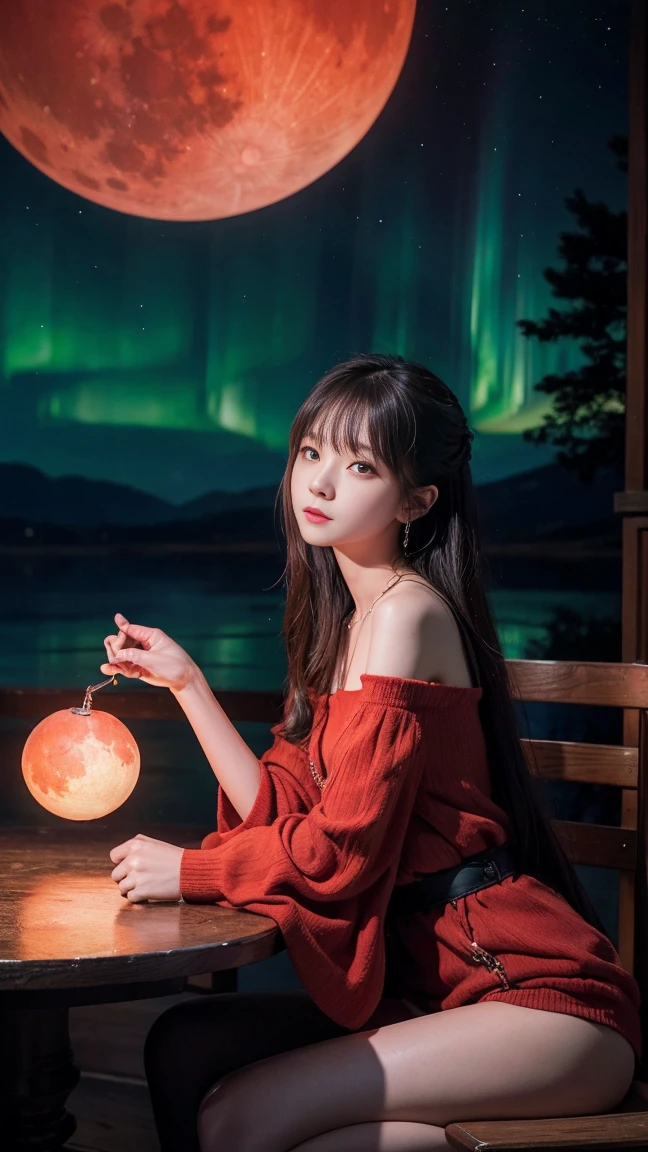 8k、high resolution、photograph、Aurora、Red Moon、Fantasy、mystery、small