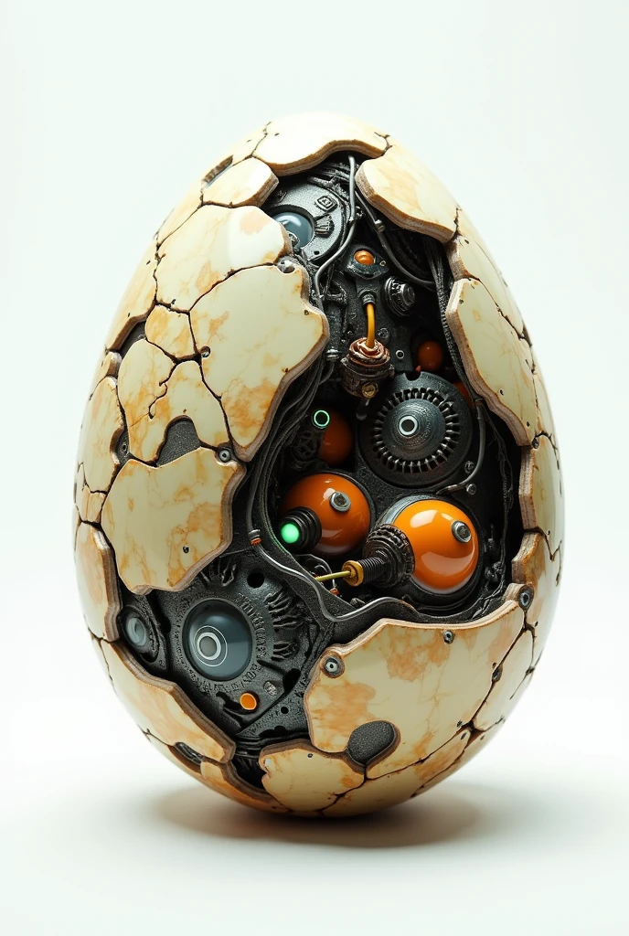 Cyborg Egg: A hybrid of organic and mechanical parts, with sections of the egg’s surface revealing wires, circuits, or robotic components. This design could explore the fusion of nature and technology with white background 