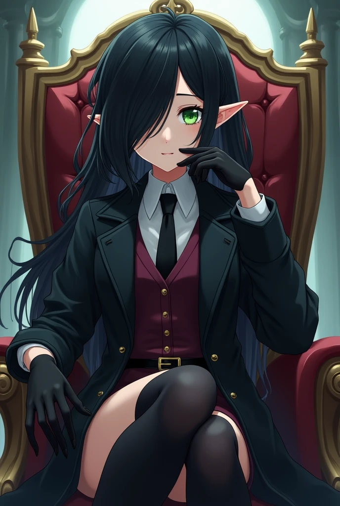 A female elf anime character sitting on a throne with her face resting on one hand with a serious and penetrating look. Young and serene in appearance with long, below-the-shoulder length, wavy, dark black hair, with an asymmetrical hairstyle that partially covers one side of her face, her right eye is covered by her hair. His eyes are an intense green color. He wears black clothing including a long, dark trench coat with long sleeves and wine red suit pants. The trench coat has a belt tied at the waist, which fastens at the front. He has a white button-down shirt and a small closed wine red vest. He wears gloves, knee-high boots and a tie, all three black. The posture and facial expression suggest that she is ready for a battle or quick action. She is tall and serious. That represents light and darkness.