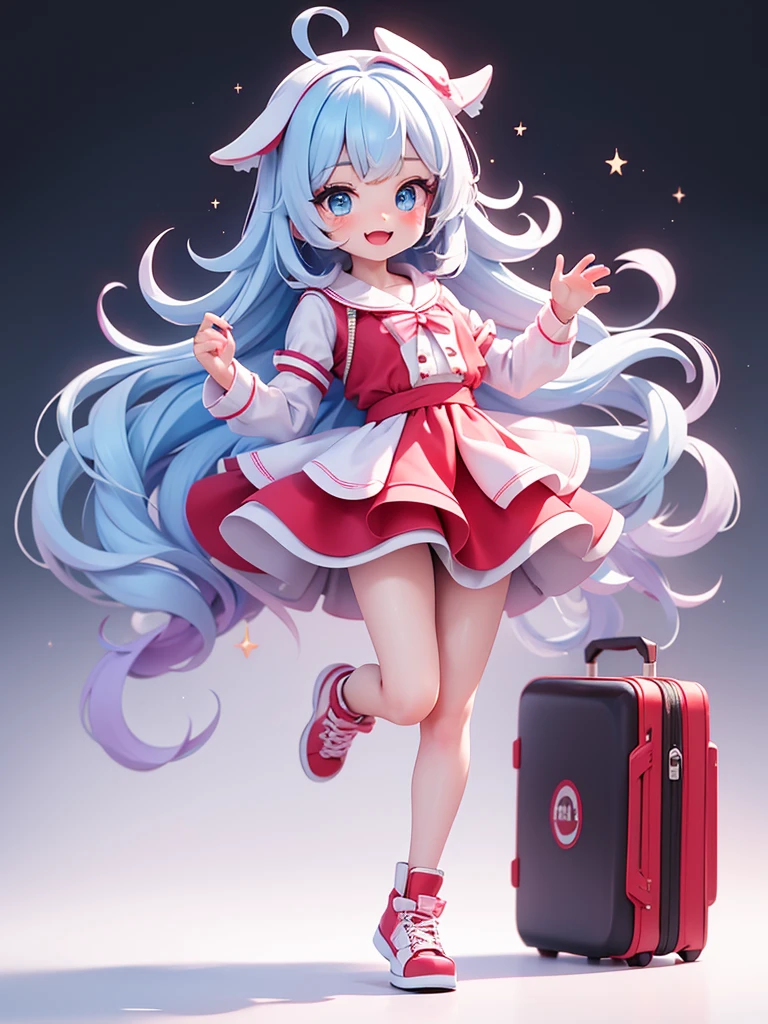 A cute fit 1 woman with long black-to-blue gradient hair, bright and reflective blue eyes. white spaghetti fit shirt.  pink hair, fair skin, and long, beautiful legs that match her red shoes. She was wearing a knee-length, see-through red-white dress. She is smile and jumping in the White background Studio. She is holding very biggest book , full body 4k, Front view.