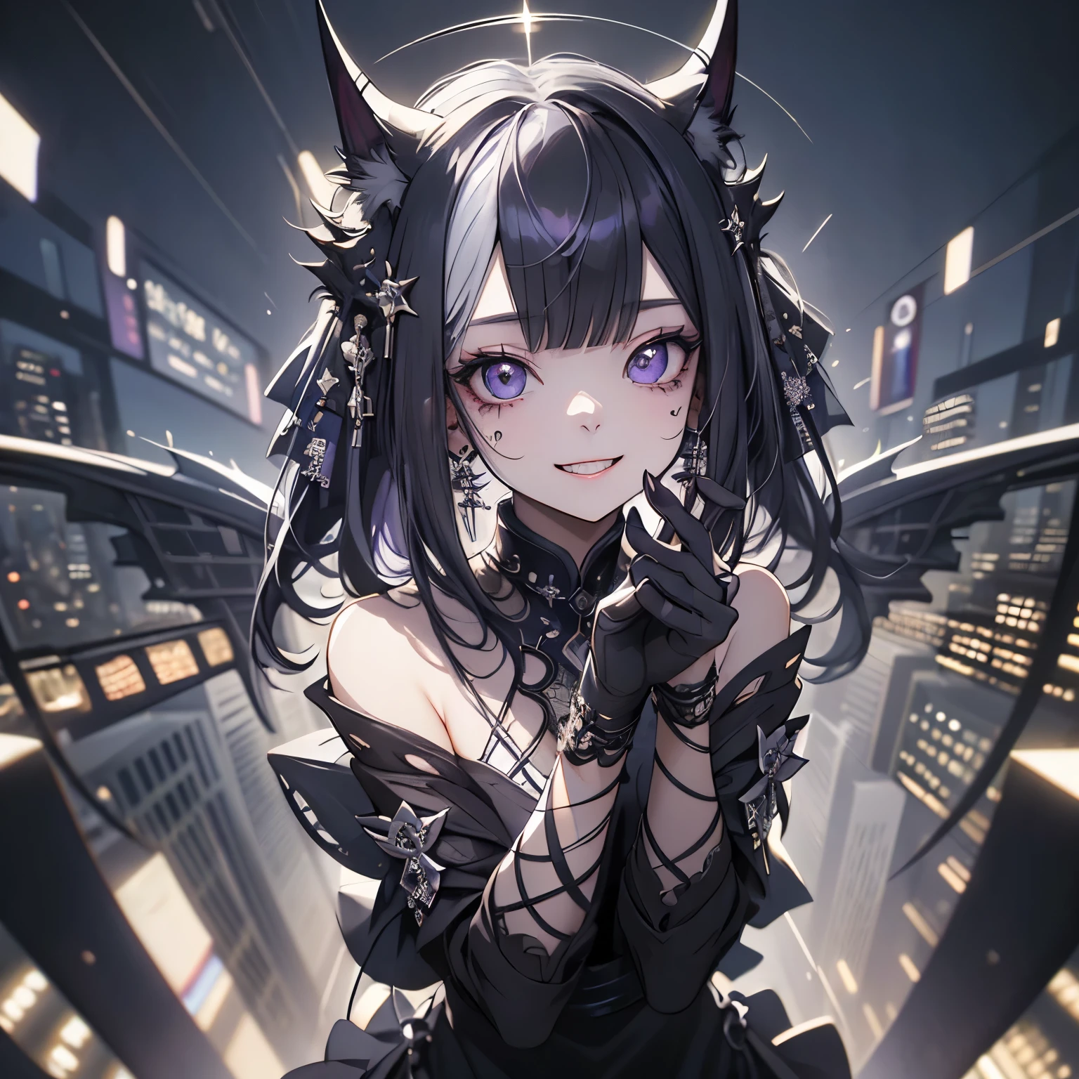 (masterpiece), Highest quality, Ultra-high resolution,Silver Hair、Black Hair、Big smile、Bat、Sick Makeup、Violet、(背景city:1.5)、luxury、city、dazzling、luxuryなドレス