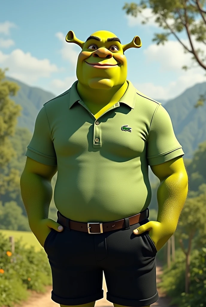 Young Shrek in a Lacoste blouse with black shorts