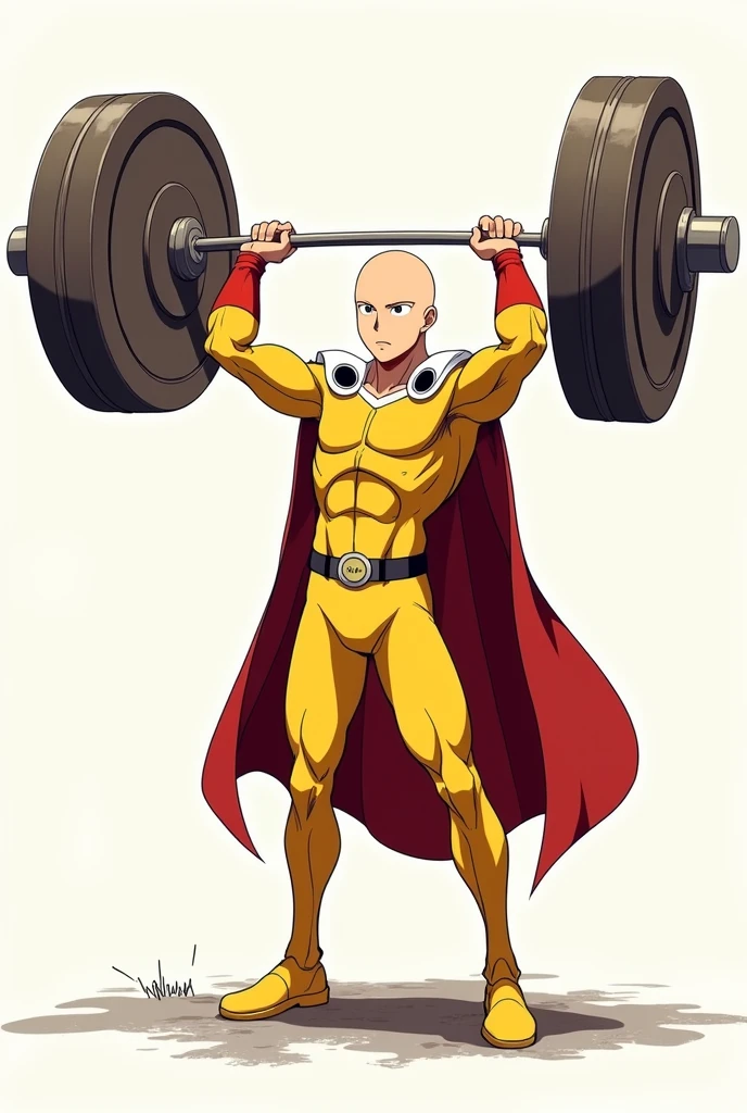 Make a shirt with a print of the anime Saitama by lifting the weight that bends the bar