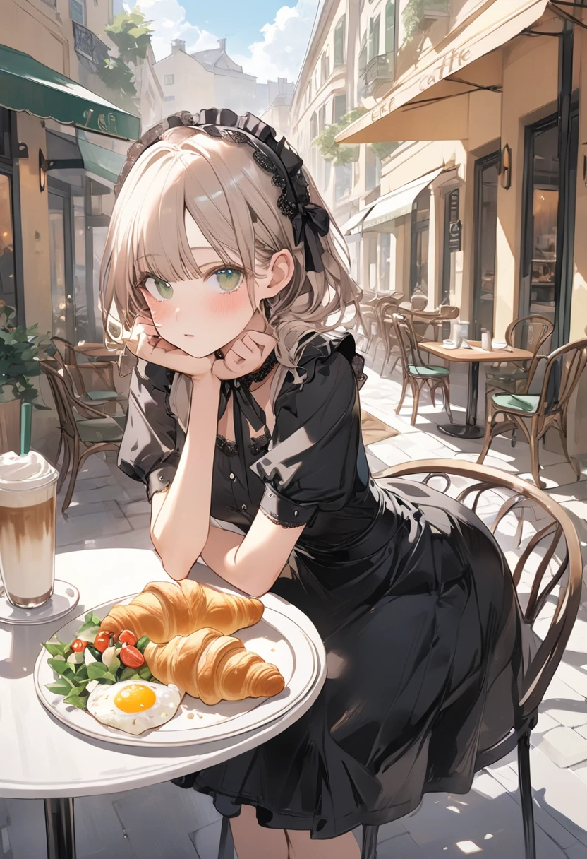 ((best quality, high resolution)), (delicate illustration), (vividcolor style illustration:0.9), (watercolor style illustration:0.4), ((beautiful:1.3)), 4k,

(((a  beautiful women))), masterpiece, detailed depiction, official art, humorous touches, breasts:0.7, dark green eyes, (blush),  ((Black maid outfit,)), long Hair, pale purple,low-twintails,blunt bangs, small breast,A girl pulls out a table and chairs and invites people to sit down. On the table are fried eggs, vegetable salad, croissants, and coffee.. (((Cafe Terrace:1.3))), ((glance upward at viewer)), cowboy shot, 