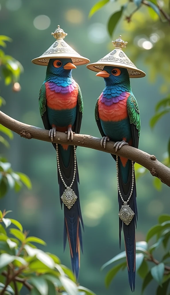 Create an 8K high-resolution image of two exotic, vibrant birds perched on a branch in a lush forest setting. The birds should have striking, multi-colored feathers with intricate patterns resembling gemstones, including shades of blue, purple, red, and green. They are wearing traditional Asian-style conical hats with elegant silver adornments. The birds' long, graceful tail feathers should feature ornate white designs with bead-like decorations. The background should be softly blurred, with natural sunlight filtering through the dense green foliage, creating a magical, serene atmosphere. Capture the details of the birds’ feathers and the hats in ultra-sharp resolution, ensuring a visually stunning and realistic appearance."