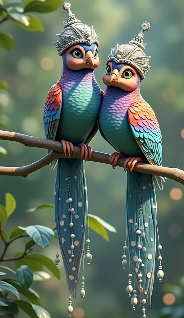 Create an 8K high-resolution image of two exotic, vibrant birds perched on a branch in a lush forest setting. The birds should have striking, multi-colored feathers with intricate patterns resembling gemstones, including shades of blue, purple, red, and green. They are wearing traditional Asian-style conical hats with elegant silver adornments. The birds' long, graceful tail feathers should feature ornate white designs with bead-like decorations. The background should be softly blurred, with natural sunlight filtering through the dense green foliage, creating a magical, serene atmosphere. Capture the details of the birds’ feathers and the hats in ultra-sharp resolution, ensuring a visually stunning and realistic appearance."
