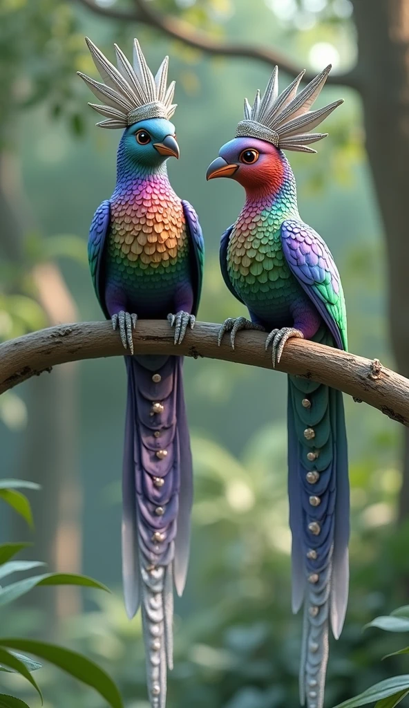 Create an 8K high-resolution image of two exotic, vibrant birds perched on a branch in a lush forest setting. The birds should have striking, multi-colored feathers with intricate patterns resembling gemstones, including shades of blue, purple, red, and green. They are wearing traditional Asian-style conical hats with elegant silver adornments. The birds' long, graceful tail feathers should feature ornate white designs with bead-like decorations. The background should be softly blurred, with natural sunlight filtering through the dense green foliage, creating a magical, serene atmosphere. Capture the details of the birds’ feathers and the hats in ultra-sharp resolution, ensuring a visually stunning and realistic appearance."