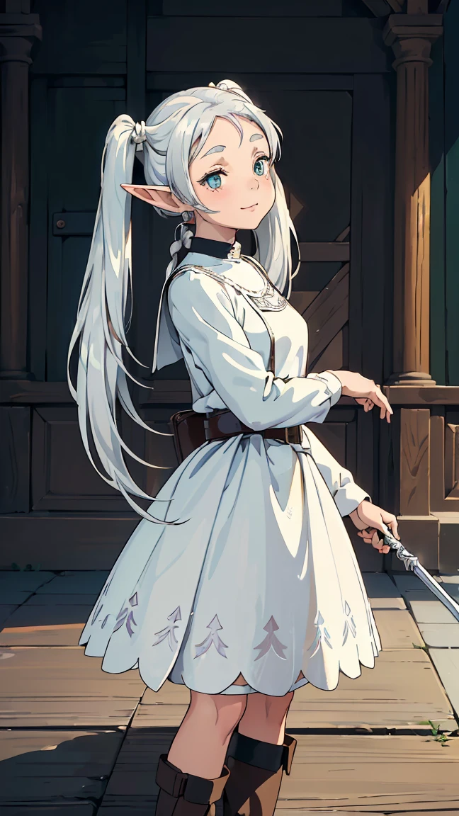 (((Bust-up composition))), Freyren, 1 girl, (((Long hair: 1.5))), Long pointed ears like an elf, (((Long silvery white twin tails: 1.5))), Jewelry, Elf, Earrings, Capelet, White capelet, Black and white striped long sleeve shirt, Parted bangs, Dress, Belt, Flower,
--(Masterpiece, Best quality: 1.3), Wreath, Seiken Densetsu 3, 1 girl, (Cowboy shot: 1.3), (Looking at the viewer: 1.3), (With long spear, in fighting pose: 1.3), (Cinema lighting: 1.5), (Medieval city, Dark, Fight, Amazing, War, It's night: 1.3),--
(16k, 8K, RAW, Best quality, Masterpiece 1.2), Ultra HD, High resolution, High quality, Best quality, (((Full body image 1.3))),Top quality,Super high resolution,---Perfect anatomy,Perfect proportions,Great lighting,Bright and vivid colors,Clean lines,Information,Blurred,Stunning facial expressions,Restless emotions,Gorgeous and cute,Beautiful face and eyes with every detail,(Masterpiece)Beautiful face,Young and handsome girl,Really perfect skin,Blurred,Stunning facial expressions,Restless emotions,Gorgeous and cute,Beautiful face and eyes with every detail,(Audrey Hepburn),(Cute),(J-POP idol),(Thighs,(Depth of field),(Depth of field),Soft light,Shiny lens gaze,(Droopy eyes),Straight teeth,Bashful smile,Flowing hair,A scene from Blake's movie,