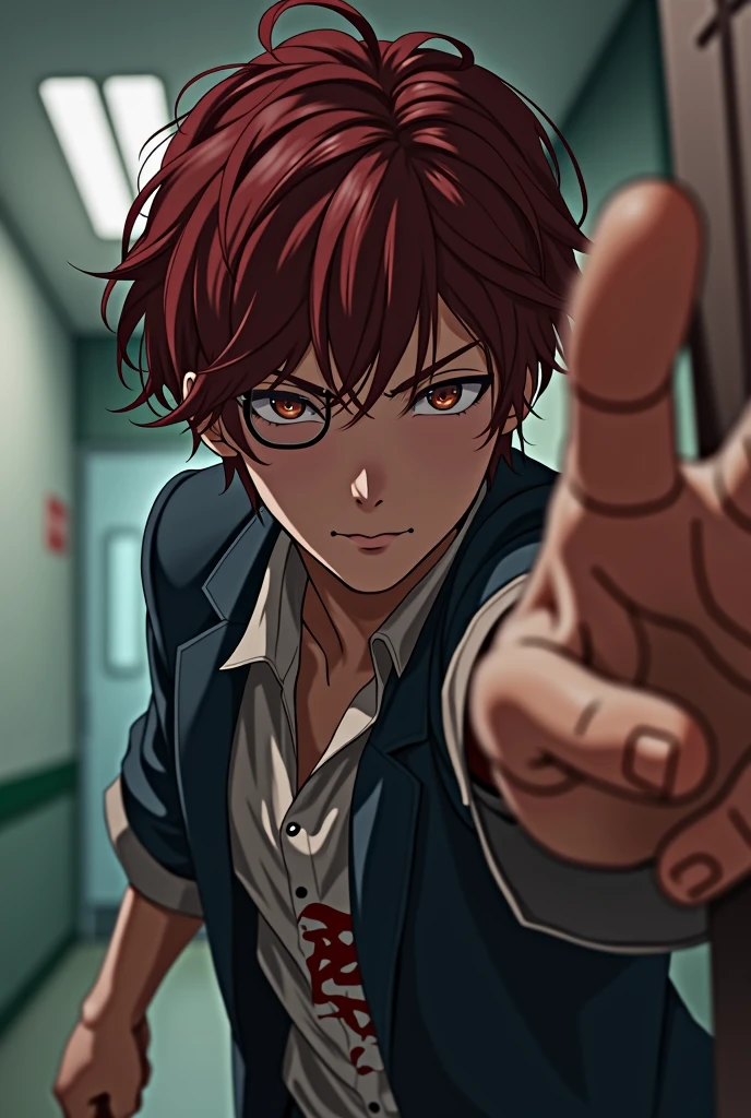 a boy,high school,handsome,eye pad on right side,center part,dark red hair color,short hair,double-edged eyelid,forced me against the wall,smart,wear Japanese gakuran, wear cheongsam t-shirt