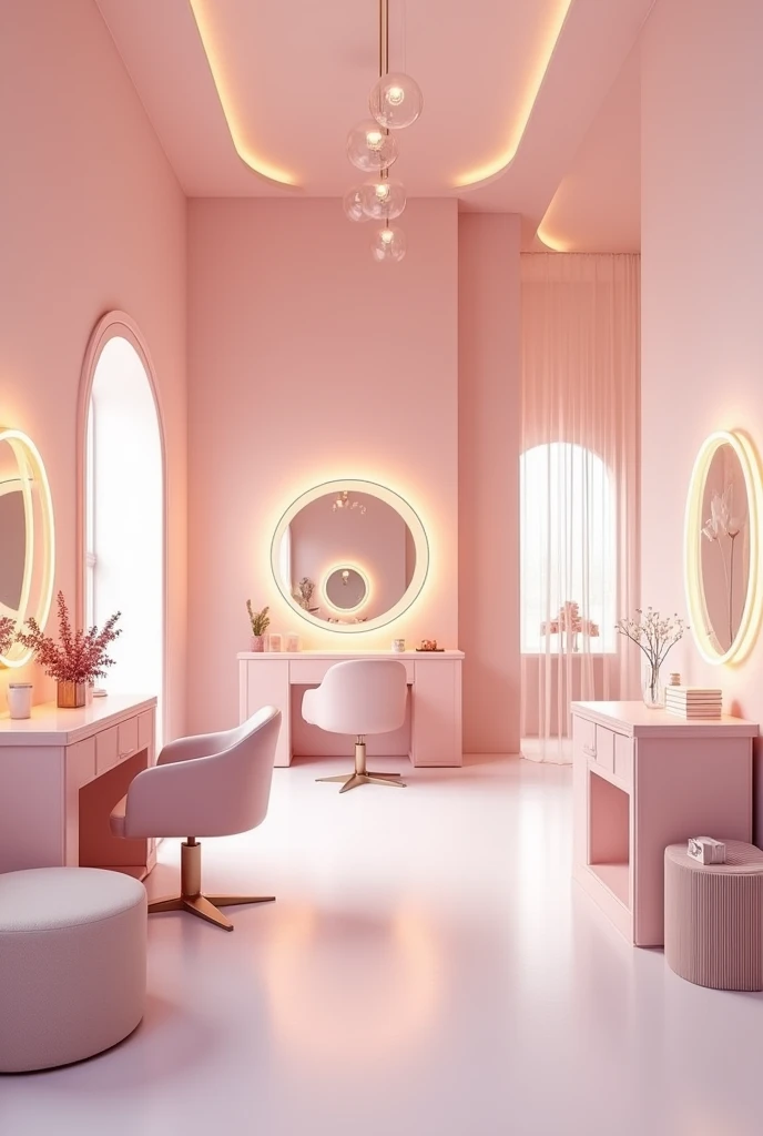 create a beauty salon interior in pink and white colors with the form of architecture and interior design with round mirrors with lights around the mirror different design