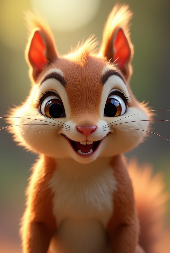 Create a close-up image of an adorable Squirrel smiling, facing the camera with a zoomed-in perspective. The animal should have a cute and expressive face, resembling the animation style of Pixar by Disney, with large, shiny eyes and a joyful smile. The background should be blurred to emphasize the animal's face. Each animal should appear friendly and endearing, with soft fur or feathers and bright, cheerful colors."