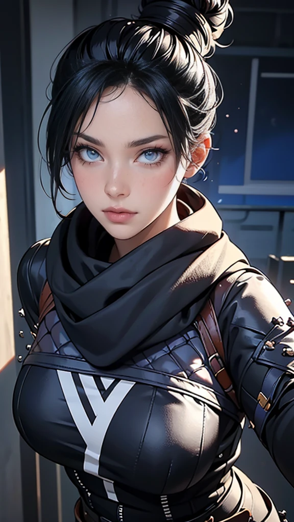 Foto de corpo inteiro, pose sensual, (Highly detailed CG Unity 8k wallpaper),(masterpiece), (highest quality), (super detailed), (Best Illustration),(best shadow), Wraith apex legends, pretty face focus, Masterpiece artwork, best qualityer, kissshotms, 1 girl, natta, Efeito de Luz, Masterpiece artwork, best qualityer, 1 girl, mature woman, breasts big, 8k, UHF, (abdomen, )muscular woman, Waist slender, detailedeyes, FGO1, 1stClothing, 1 girl, solo, hair bun simples, hair bun, scarf, sultry posing, Bblack hair, black scarf, blue colored eyes, bangss, bangss distributed, Hair behind the ear, mitts, piercing no nariz, mitts pretas