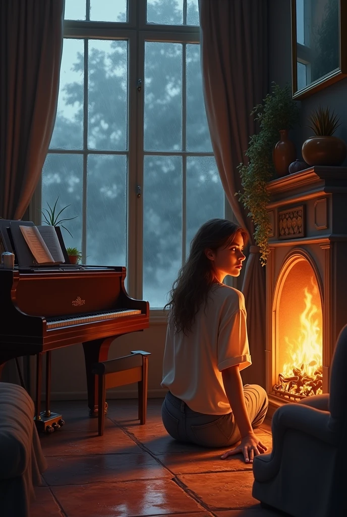 A cozy room with a piano and fireplace, where is a window that can see the rain outside. A brown-haired woman is sitting near the fireplace..