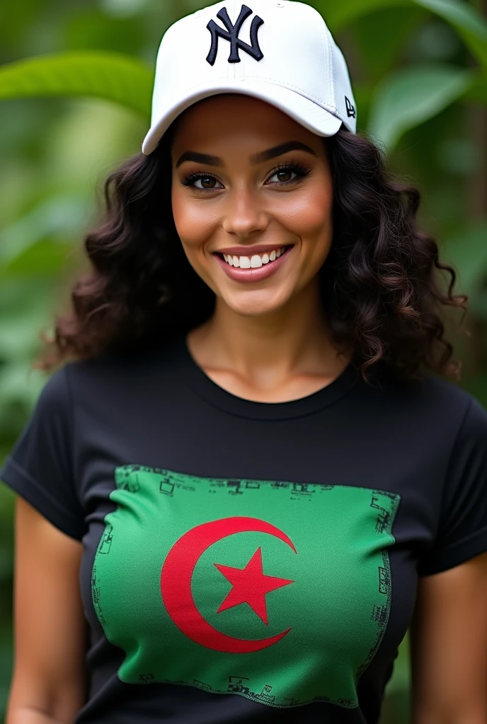 Close-up photo, beautiful woman, fat, Jura New York Yankees team, white color 9fifty, black T-shirt with the Algerian flag detailed and detailed in green and white, green nature background