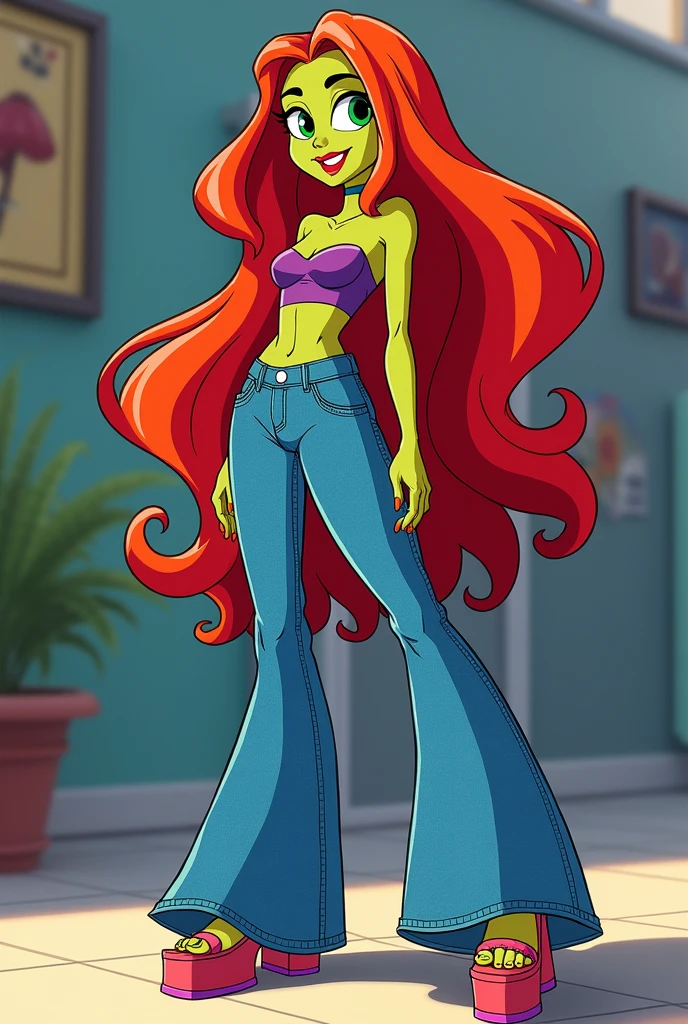 Teen Titans cartoon character Starfire wearing wide leg denim bell-bottomed pants, a tube top and platform sandals
