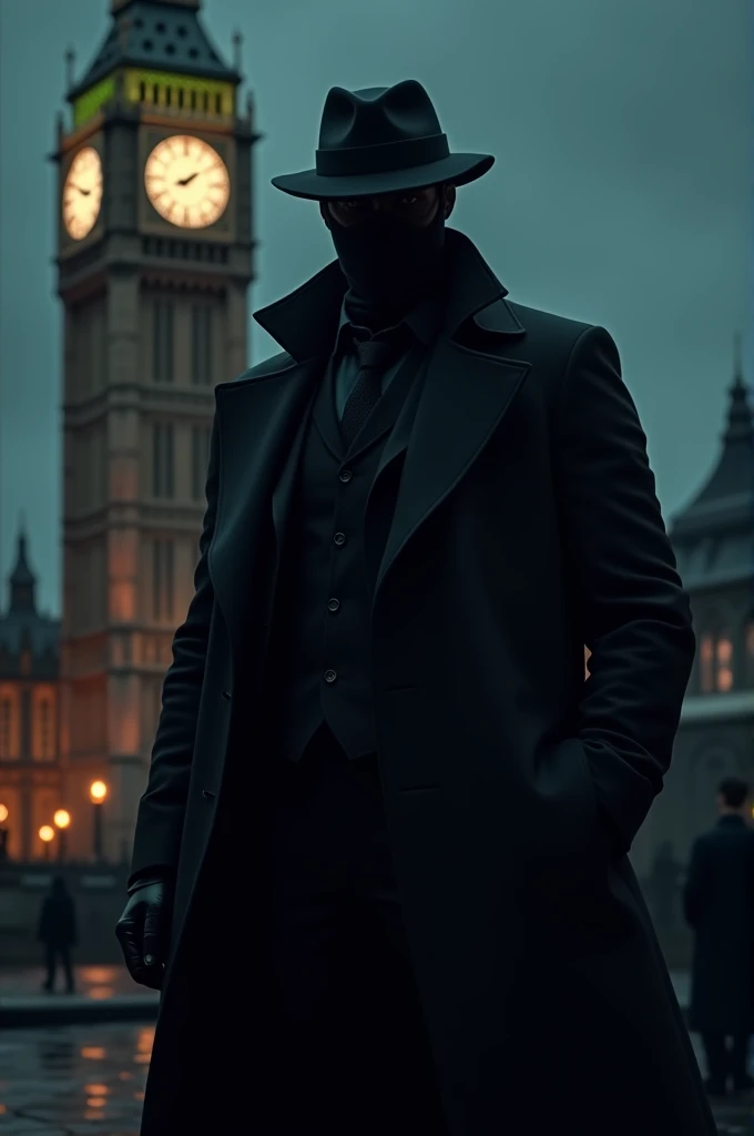 detective with Black coat and Black mask and Black outfit in front of London big bell in Dark night