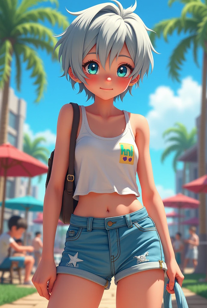 Short grey hair, high school age, blue eyes, pointy personality, summer clothes, animation