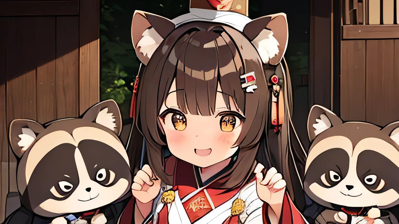 one girls。Cute s。Brown hair, brown raccoon ears。brown short cut, A slight smil。see the beholder。Japan priestess costume。claw pose,sleepy,