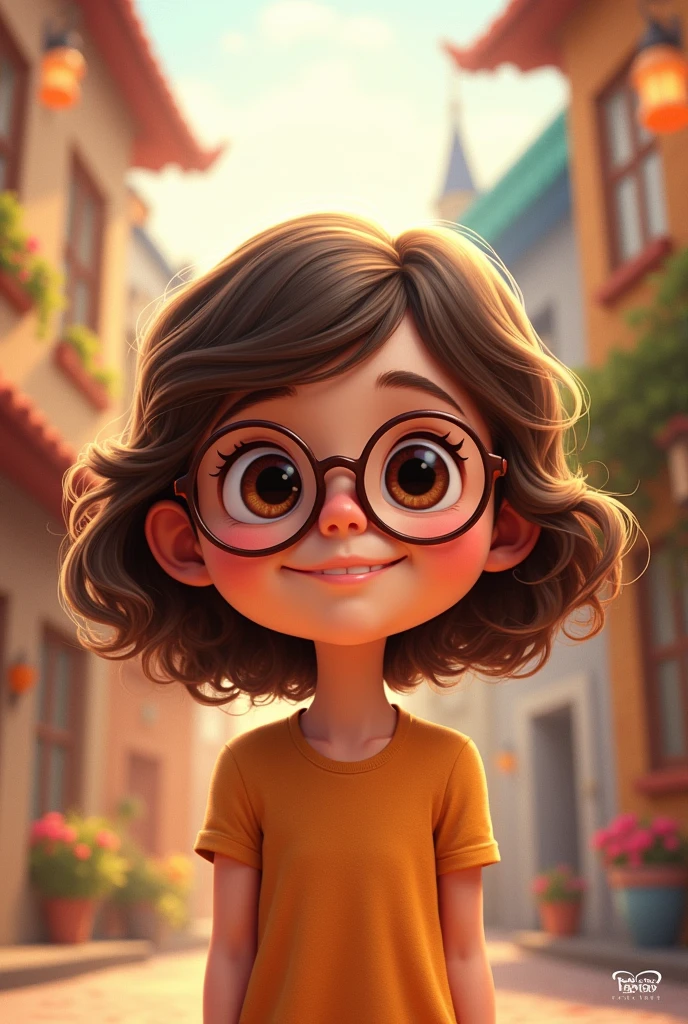 Generates a Disney Pixar type image of a girl with brown glasses