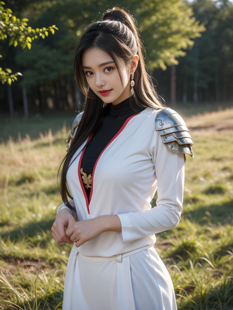 1 beautiful girl wearing a work shirt, ((sexy thin white shirt)), long platinum purple ponytail. Hair, Earrings, Thin black silk scarf, Carefully drawn big purple eyes, Carefully made up, Thin eyebrows, High nose, Beautiful red lips, Bright smile, happy smile, Rosy cheeks, Wide chest, Big breasts, Well-proportioned breasts, Slim waist, Well-proportioned hips, Chinese Hanfu style, Fictional art pattern, Colorful and realistic, sexy, seductive, attractive standing posture, black background, masterpiece,Best quality,A high resolution,8k,Original photo,real photo,Forest Background,((field:1.8)),digital photography,(Female generals on the battlefield of the Han Dynasty),(((Standing on the grass))),1 girl,(long ponytail hairstyle),cparted lips,Full and firm breasts,Noble and charming,Elegant and serious,(Silver Armor),The combination of white metal and red leather,Chest armor,metallic luster,Leather buckle,Exquisite pattern,mysterious badge,Cool and gorgeouig breasts)),Chest groove,Three Kingdoms character painting style,Photo pose,oc render reflection texture,Bright colors,Looking at the camera,Bright afternoon