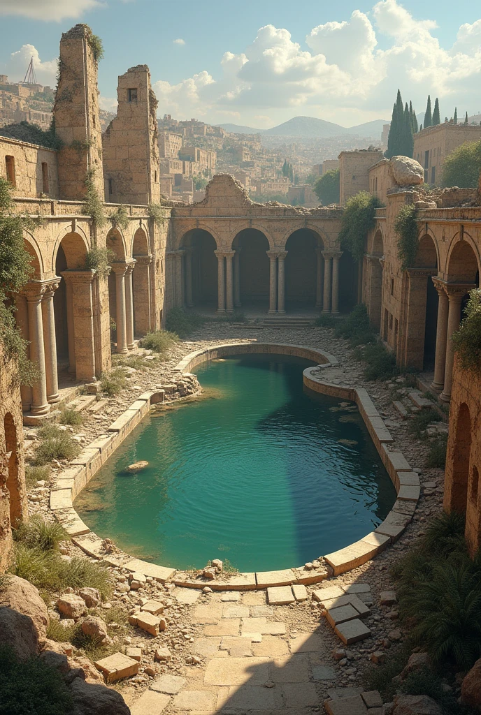 Pool of Siloam Jerusalem with ruins on the side of it, place it destroyed without affecting the water, do it like this, destroy this tank Make another one I didn&#39;t like this image, put destruction on it 