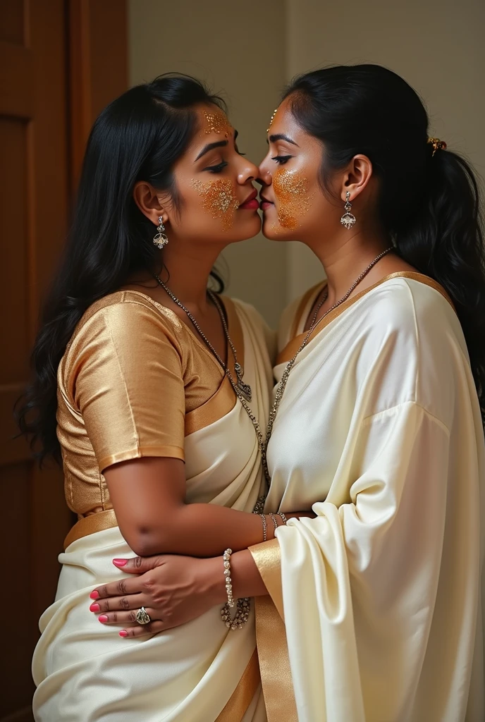 a 50-year-old woman affectionately hugging and kissing aradiant, full-figured South Indian plus-sized 30 year old teacher wearing a off white silky saree in dressing room, (cum Splash on her face and blouse, cum Splash on her face, cum Splash)captured in a full-body image with vibrant hues and meticulous details. Full body image boobs