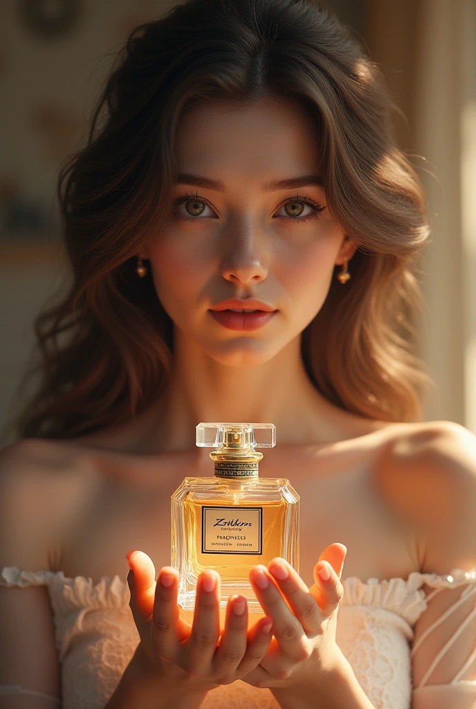 Girl with perfume bottle labelled ZATHOORA FRAGRANCES