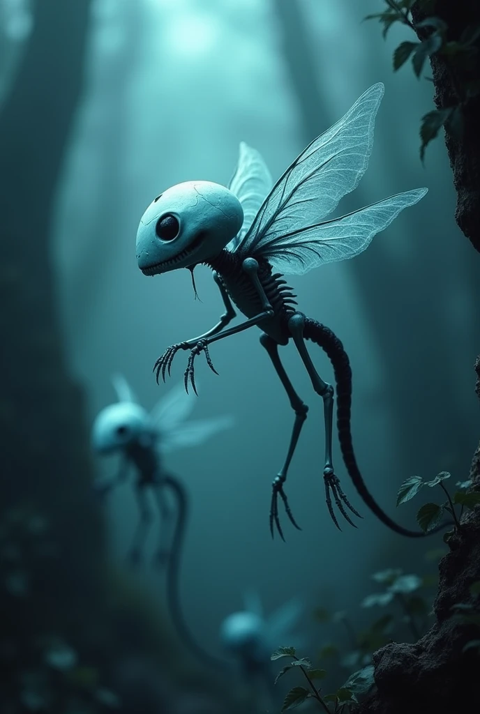 it's are small light blue colored with skull-shaped heads, cylinder-shaped bodies, and wings. they have black tail