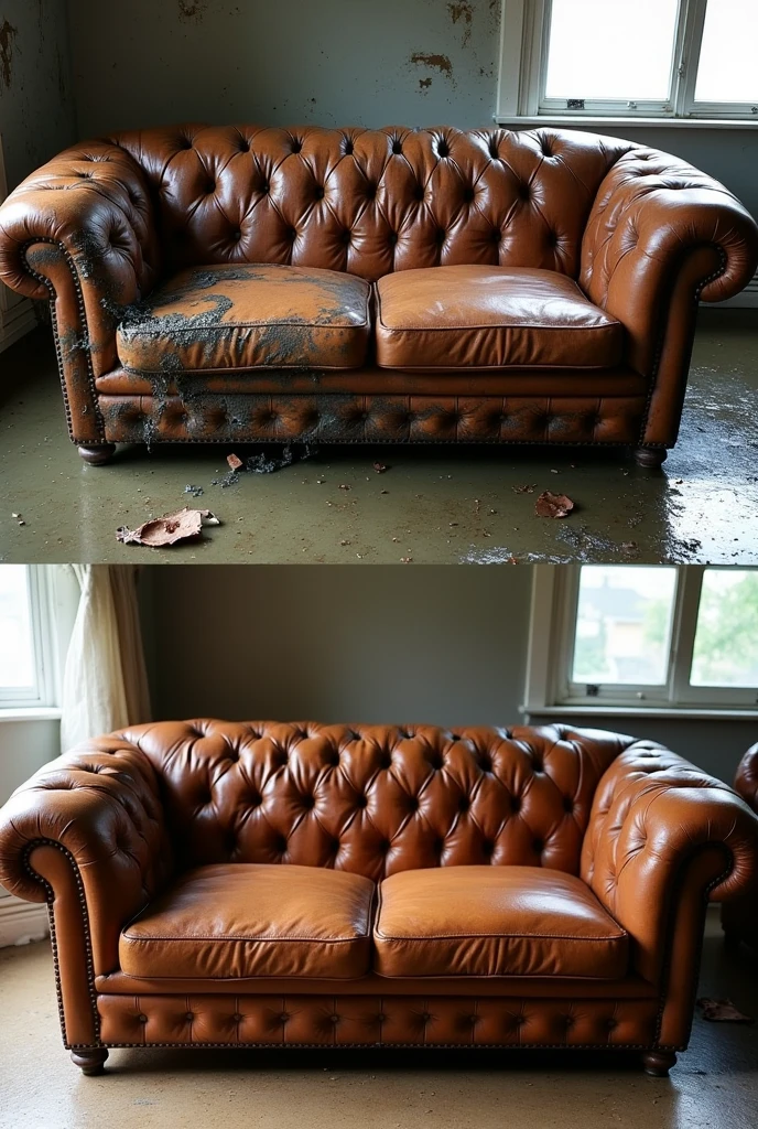 Before after of a leather sofa where in in the before part the leather sofa is in water and therefore is damaged and in after where the sofa was cleaned, dried and refurbished and it is as good as new