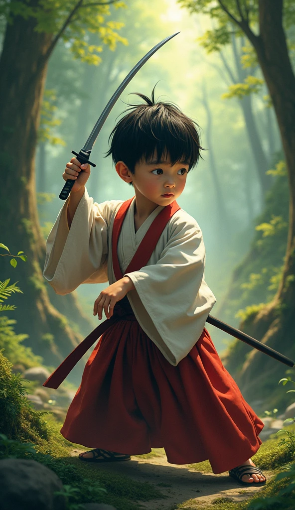 Forest、Boy in Japanese clothes、knife、Practice、Training、sharp、Real、Japanese style