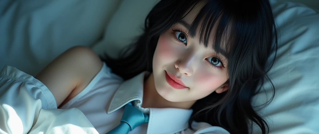 (32K:1.9, Realistic:1.9, Highest quality, masterpiece, Ultra-high resolution), Perfect dynamic composition:1.3, Highly detailed skin and facial textures:1.3, (Cute sexy slim Japanese girl, height: 155cm), ((Lying in bed:1.3, Kiss you:1.4)), Fair skin, ((Clarity:1.1)), (The woman is wearing a uniform with a light blue tie., Straight black hair:1.3, smile:0.9, A man completely charms a woman:0.9, beautiful Blue Eyes, beautiful, Clear Eyes:0.8), Sexy Face:0.4, blush:1.1, ((beautifulエロティシズムを醸し出す雰囲気:1.0, Professional random camera work:1.0, Cinematic Lighting Effects:1.0, romantic:1.0, artistic:1.0, mysterious:1.0)), Too erotic, Object of admiration, original, dramatic, Innovative, charm, Heartful, Fancy, Tilt, sense of loss, special, exciting, Extreme, sense of openness, joy, joyの表現, ((若さのcharm, 女性的なcharm))