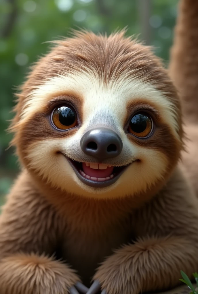 Create a close-up image of an adorable Sloth smiling, facing the camera with a zoomed-in perspective. The animal should have a cute and expressive face, resembling the animation style of Pixar by Disney, with large, shiny eyes and a joyful smile. The background should be blurred to emphasize the animal's face. Each animal should appear friendly and endearing, with soft fur or feathers and bright, cheerful colors."