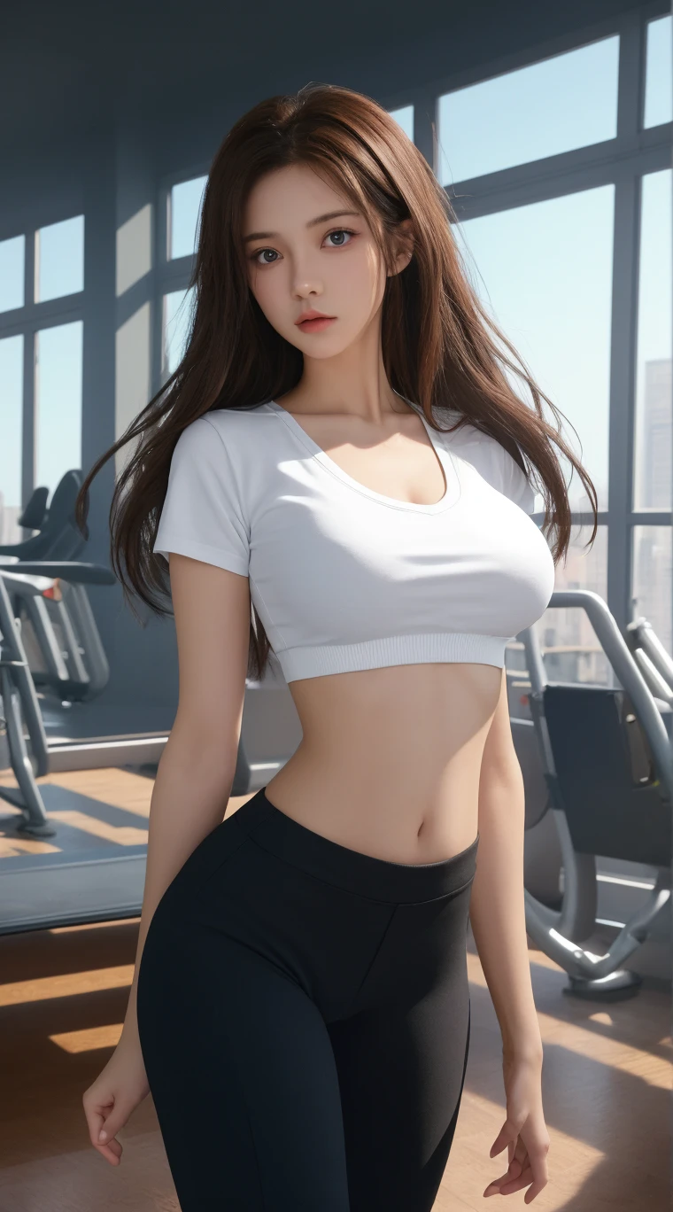 Holding basketball on court, standing position, looking at camera, wearing basketball uniform, basketball court background, bra, (((chest cleft)), visible breasts, pants, tight white soft clothes (((tight pants)), NBA, masterpiece, photo details, especially eyes, details, emphasis on realism, is a realistic masterpiece, this official background, super beautiful, aesthetic, Aesthetic, Best Quality, Show Elegance and Aesthetics of Images, 8K, Cinematography, 4HD, Emphasis (on tight clothes), (Prominent panties), (Split chest),Shoot scene