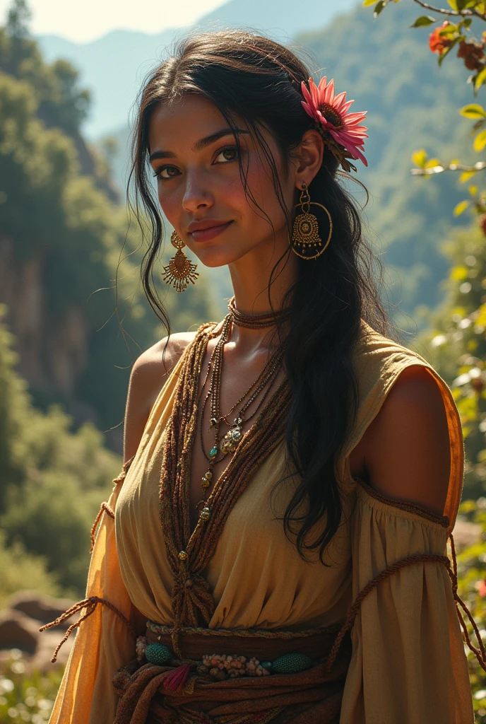 beautiful and sweet woman similar to the daughter of the God Onagait; in a tribe in northern Argentina; helping people with their lives