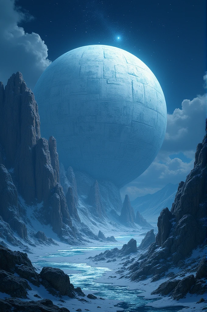 Fairytale illustration of a gigantic dome of white stones at night