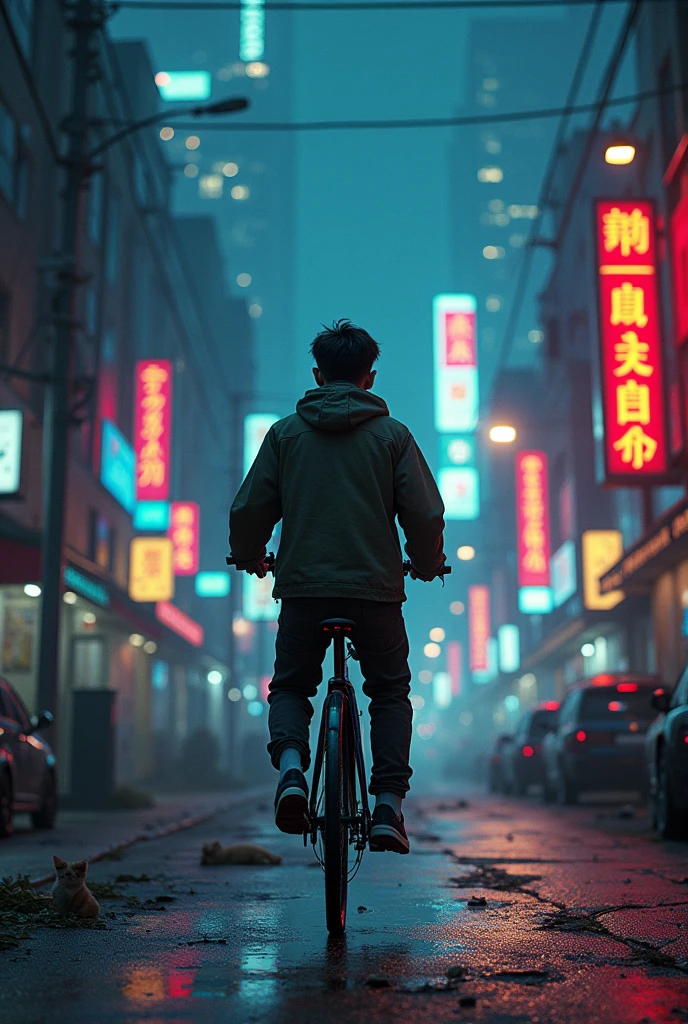 Sad boy listen song on bike at road in cyber junk city at night