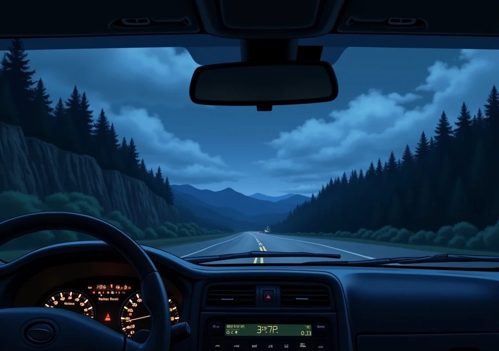 Interior of a car, the night with the sky is very cloudy, a road with a cliff on the left side and a forest on the right as seen from inside the car, a blue setting in Anime style
