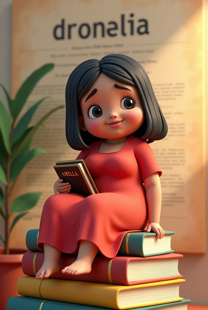 Comando: Create a 3D illustration of an animated Brazilian character sitting casually on top of "textbooks". The character must wear a long red dress, shoulder length hair black and straight, brunette skin, slanted eyes, very fat and round, ear without earrings and holding a Bible. The background of the image is a beautiful page with the username "Amelia".