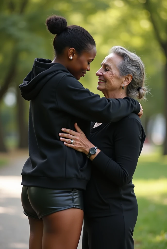black woman hair in a bun black hoodie black leather short shorts bending over getting fucked in the ass by a old ugly woman in a dress in a park