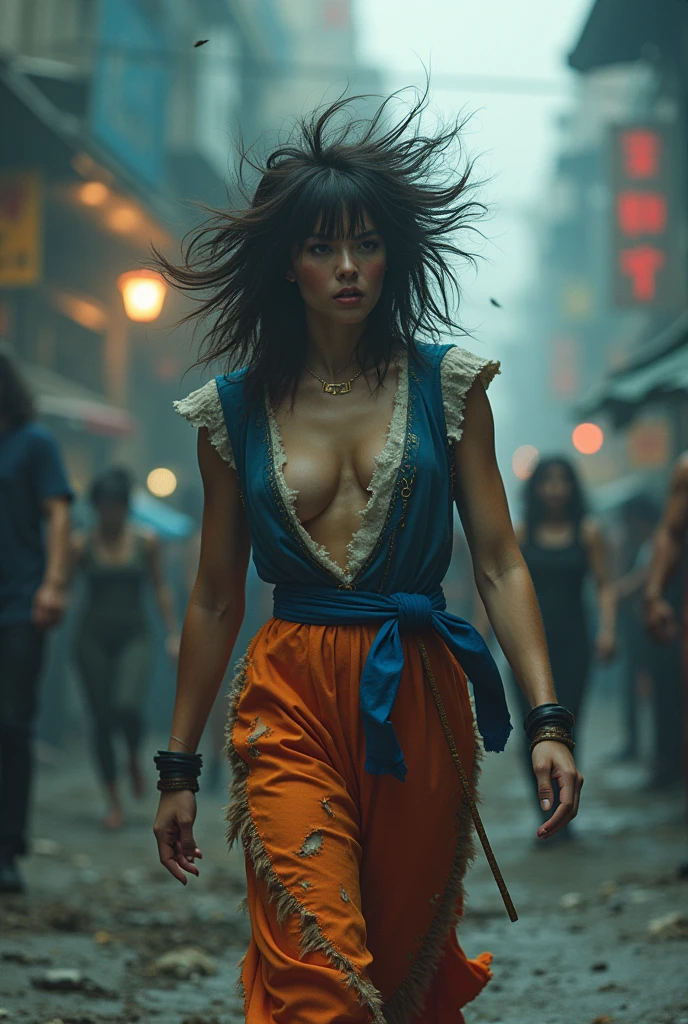 Rain, fragments splash Snowflakes, particles blender Cinematic Composition A realistic photoshoot of an actorSimilar Japanese female model cosplaying dragon ball classic Uniform blue white, hair style conceptual messy wind akira toriyama. as from RAW photography tmasterpiece Anthropomorphic humanoid freeza nanopunk suit goku ssj4 primal Saiyan's rage facing eyes glow red red gold Torn Viking costume wearing Street attire, Walk wildly through the crowd, intricately details, Intricate work by Gribors, Behind the city, fit-muscled body, Large muscles, Muscular arms, Small head, Scary ogres, Titan soft lighting, Ultra photo realsisim, gentle illumination, sinister environment filmed by Zack Synder variant angles dynamic