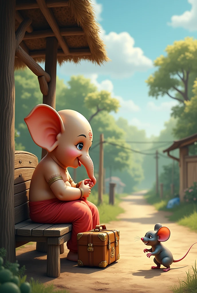 Baby god ganesh and mouse with Luggage in hand waiting for bus at bus stand