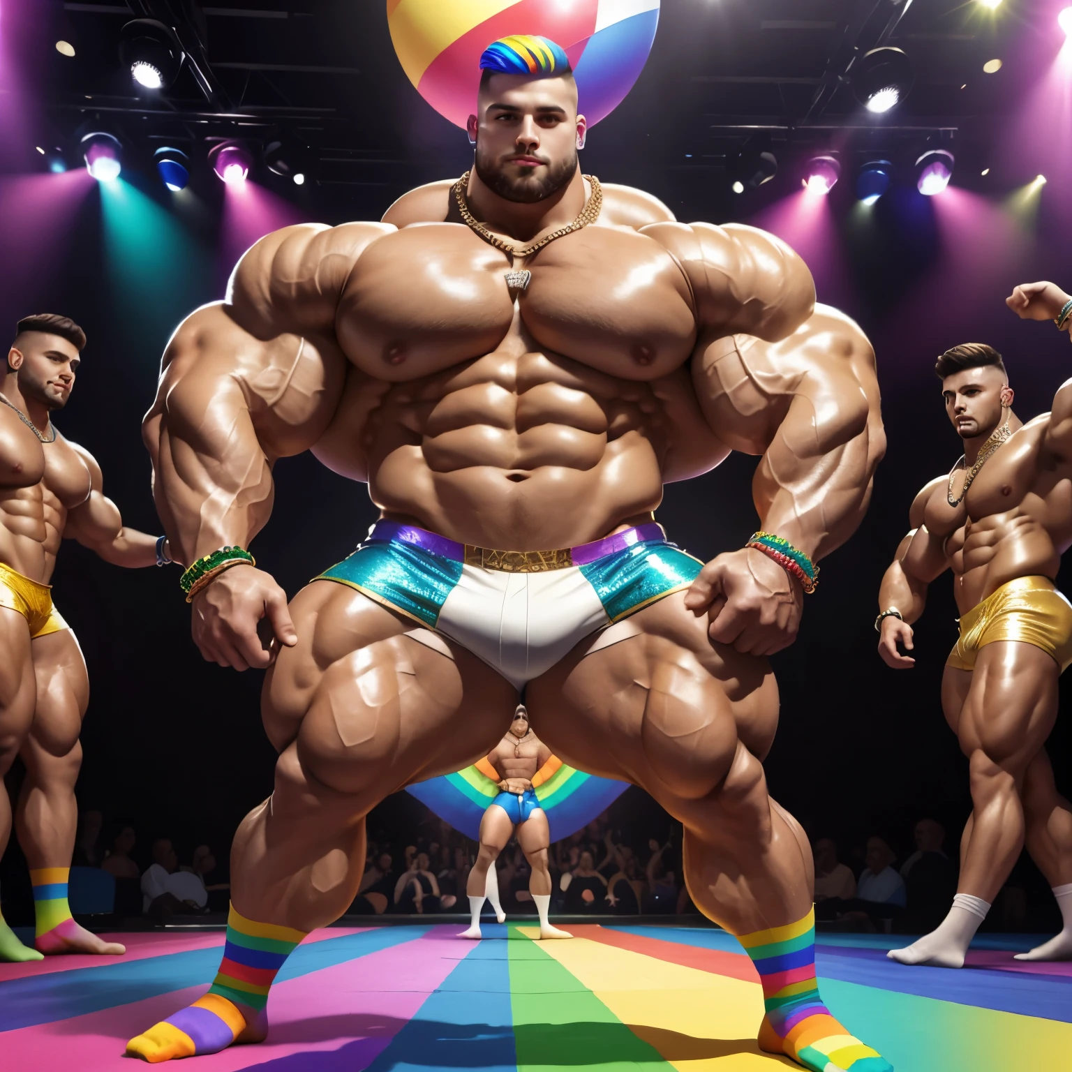 full view full body, the biggest heaviest hyper-massive overmuscular bodybuilded young white european effeminate guy with hype gay undercut haircut, lots of gay jewelery, shirtless showing off over-inflated and over-bloated huge pecs, double-biceps, legs, abs, wearing latex shiny shorts and rainbow socks, no shoes, gay necklaces, bracelets, rings,, dancing in his socks in gay disco, showing off his rainbow socks, many various gay dancers behind